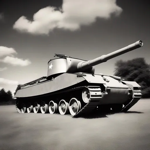 Prompt: world war 2 styled tank, long cannon,  a turret ,monochrome filter, retro 1930s styled photo.