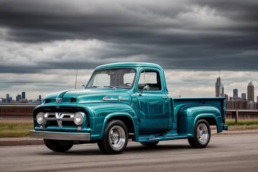 Prompt: A 1953 Ford F-100 driving g away from a vintage American city skyline. Dramatic sky and clouds. 