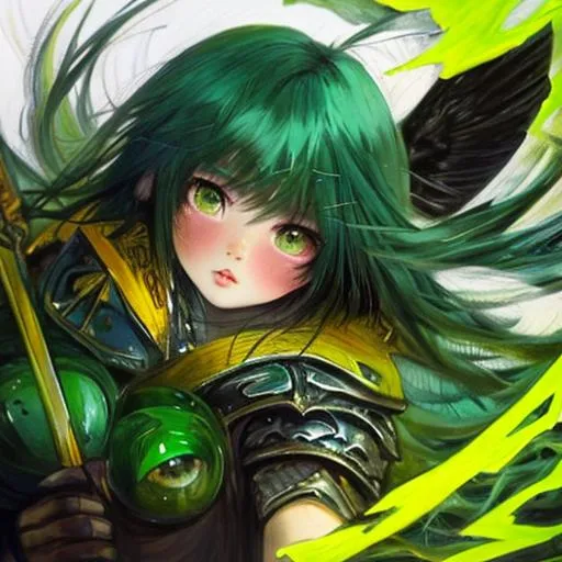 Prompt: (masterpiece), anime art, best quality, expressive eyes, perfect face, 1girl, fourteen years old girl, full body, long green hair, long hair, unbound hair, green right eye, blue left eye, heterochromatic eyes, standing, holding a pike, weapon, gauntlets, greaves, thigh highs armour, green dress with yellow ribbons, open front gown, green gown, choker with a green gem, strings connected to the body, strings going upward, giant hands above, black gloved hands above, strings emanating from the giant hands