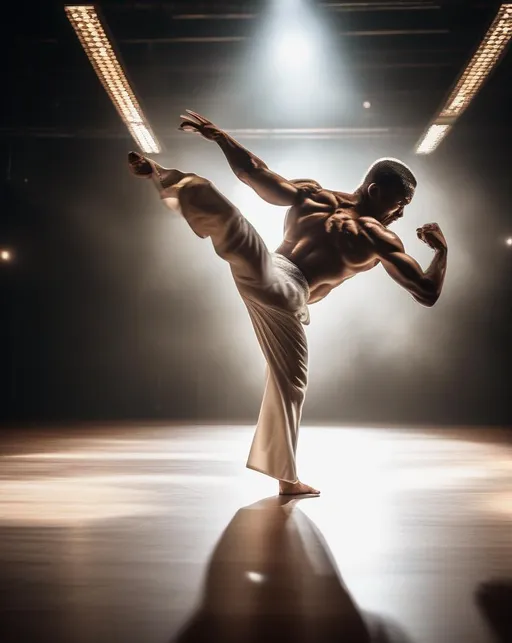 Prompt: A powerful athlete captured mid-kick, body arched back, muscles tensed, performing an athletic capoeira move. Bright stage lighting spotlights the dancer executing the dynamic pose against a dark background. Photographed from a low angle perspective with a 24-70mm lens on a Canon 5D Mk IV to emphasize the height and strength of the kick. Conveys beauty, control, and discipline.