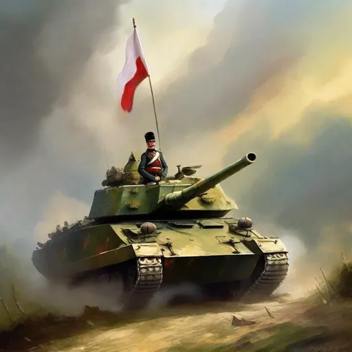 Prompt: Napoleonic War, Hill, Painting Art, main battle tank, polish army, polish flag