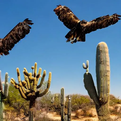 Prompt: buzzards flying in a circle above a cactus, realistic, desert, blistering heat, high resolution, realistic