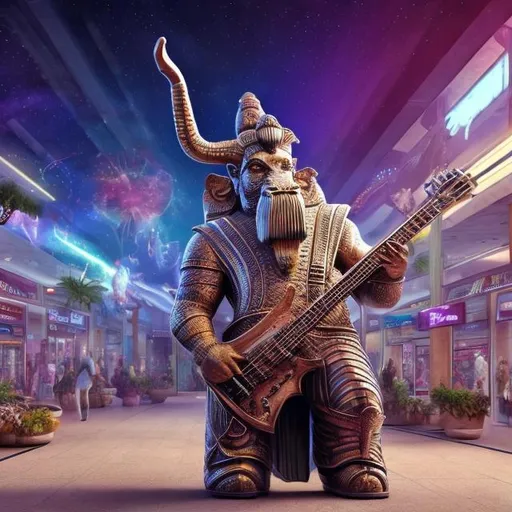 Prompt: Assyrian Lamassu playing a double-necked Guitar for spare change in a busy alien mall, widescreen, infinity vanishing point, galaxy background, surprise easter egg