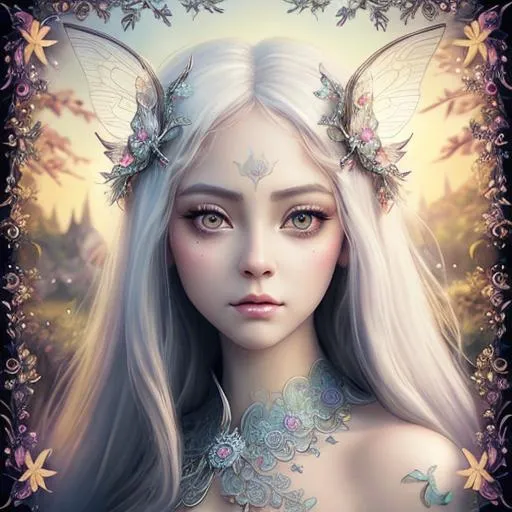 Prompt: Gorgeous intricate Fairy portrait with big eyes like Jasmine Becket Griffith, fantasy, horse, digital art, white horse, fairy, wings, rendered, artstation trending, Majestic white horse Stunning, intricate details