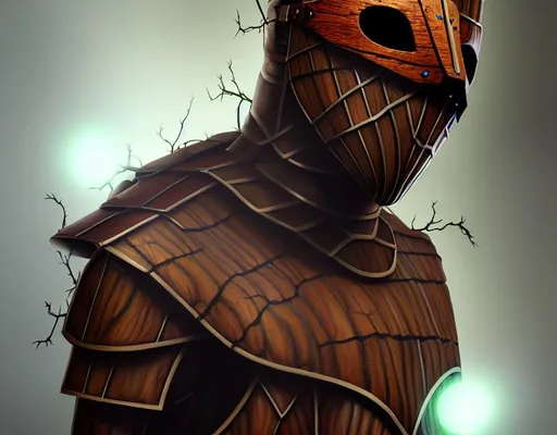 Prompt: Hyper realistic painting of an empty suit of Wood armor animated by green light, Druid magic, dark fantasy, fantasy armor, vines,over growth, Voodoo mask, hyper detailed,trending on artstation