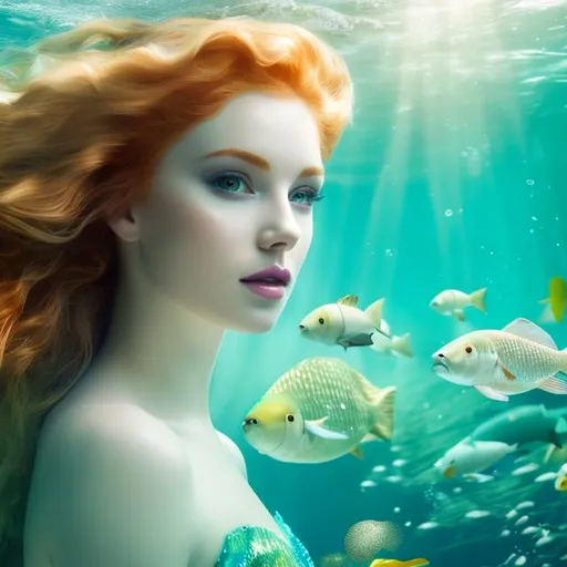 Prompt: a beautiful mermaid with pale skin and ginger hair is swimming under the sea,  4k,  facial closeup




