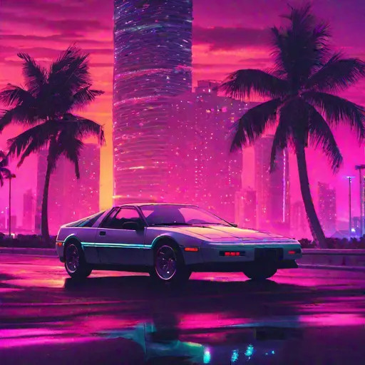Prompt: Pontiac Fiero, synthwave, aesthetic cyberpunk, miami, coastal highway, dusk, neon lights