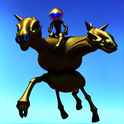 Prompt: extreme long shot, cute alien rides a horse, highly detailed, 3d blender render, liminal space