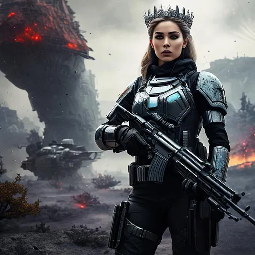 Prompt: create a photograph of beautiful  fictional female elite space soldier with  crown and gun who is battle-scarred and covered in blood, extremely detailed environment, space in background detailed background, intricate, detailed skin, natural colors , professionally color graded, photorealism, 8k, moody lighting