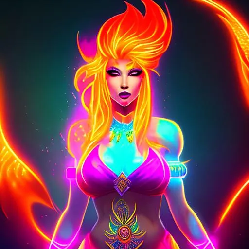 Prompt: flame goddess, full body, front,  glowing tattoos, plasma orange hair, female, illustration, portrait, (athletic body), (pink skin), (long legs), perfect body, perfect face, fairy, neon colors, muscle woman