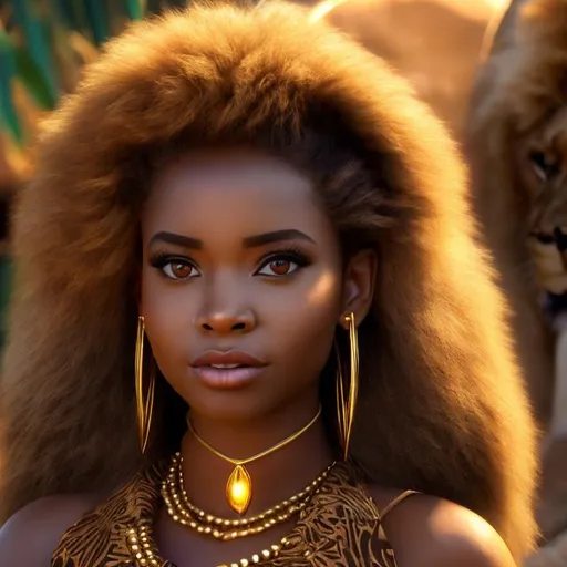 Prompt: professional photo disney nala as live action human woman hd hyper realistic beautiful african princess black hair light brown skin hazel eyes beautiful face lion fur dress gold jewelry enchanting
african savannah hd background with live action realistic baobab trees and african animals