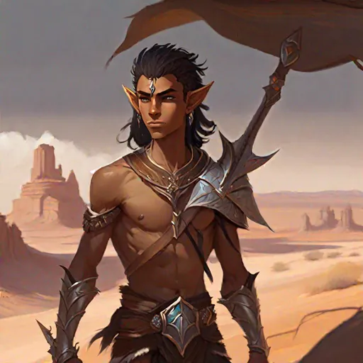 Prompt: A young elf man with hide armor. he is shirtless. He wears a scimitar.
rpg concept art, Magic the gathering, dark fantasy art.  d&d art, detailed, well draw face, well draw hands.  rpg illustration. rpg art. 2d art. 2d. a vast desert in background.