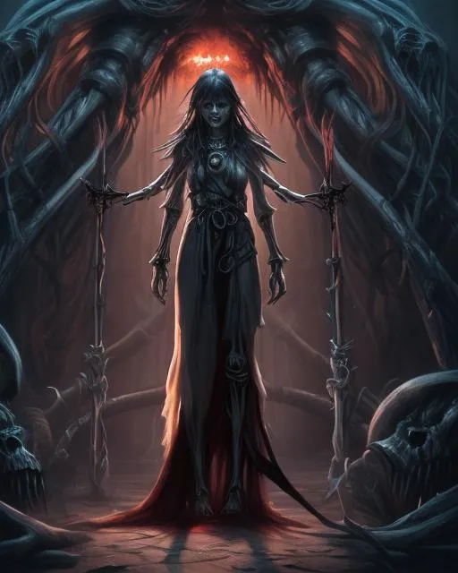 Prompt: A woman in a dress and holding a dagger, stands in front of a giant one eyed monster, robes dangling from its skeletal body, 