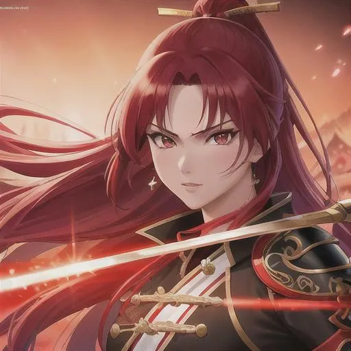 Prompt: Red-haired beautiful samurai with a katana emanating a red aura, fantasy, highly detailed red sparkling glowing eyes, intricate, wearing martial artist related clothing, highly-detailed, large landscape, mechanics, dramatic lighting, gorgeous face, lifelike, stunning, anime woman face, long luxurious  red hair, digital painting, large, artstation, illustration, concept art, smooth, sharp focus, highly detailed painting, looking at viewer, portrait, photography, detailed skin, realistic, photo-realistic, 8k, highly detailed, full length frame, High detail, full body art