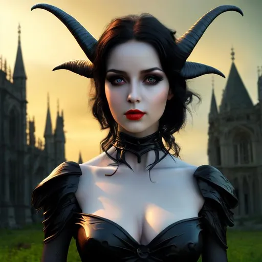 Prompt: 4k 3D professional modeling photo live action human woman hd hyper realistic beautiful dark fairy woman with horns black hair fair skin green eyes beautiful face red lips black dress enchanted gothic  landscape hd background with live action 