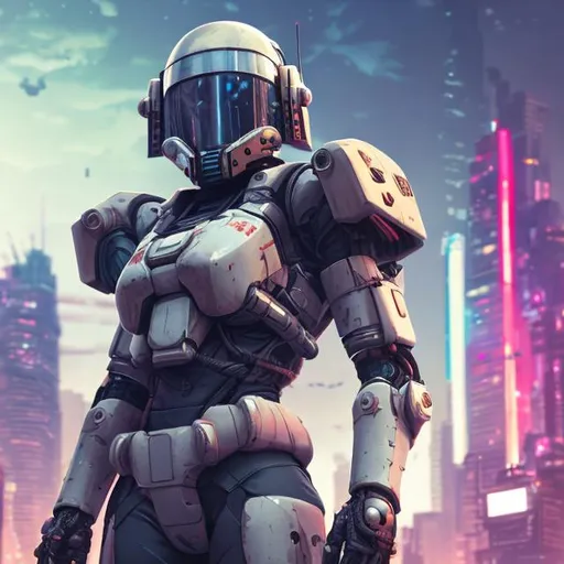Prompt: Sci fi. combat. Armoured. human female pilot wearing a full helmet. Full body portrait. Cityscape neon Japanese background. Standing portrait. Can see whole body. Standing on a giant robot