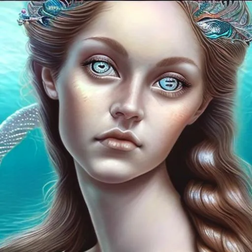 Prompt: a lifelike realistic beautiful goddess mermaid looking at me with focused eyes