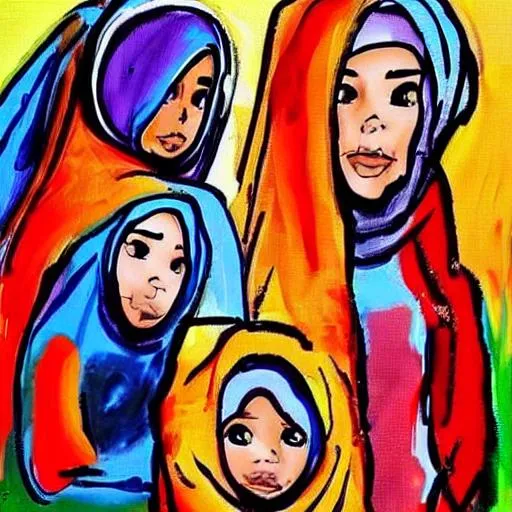 Prompt: paint an abstract image of a Arabic family. The women should have a hijab. The children should not have a hijab, show them having fun. 

