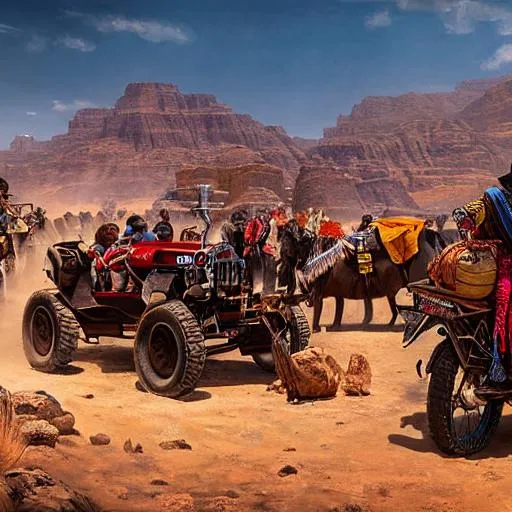 Prompt: slaves, women, white, in chains, dragged through the desert, hot sun, vivid colors, guards on motorbikes,  sharp focus, ultra-fine details, cinematic lighting, 4k | oil painting illustration, digital painting, scenic, wlop, artgerm, vastly ornate detailed background, vibrant colors, italian