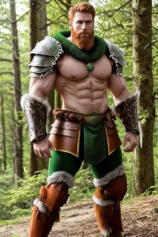 Prompt: male warrior, very handsome, strong musculature, very hairy chest, ginger, short hair and short beard, armor, forest green clothing. 