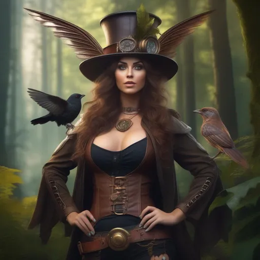 Prompt:  4k.  8k. Cinematic, Wide angle. Full body in shot. Hyper realistic painting. Concept art. matte painting. Detailed Illustration. photo realistic. A beautiful, buxom woman with broad hips. extremely colorful, bright eyes,  standing in a forest by a sleepy town. Shes a Steam Punk style witch, a Winged fairy, with a skimpy, very sheer, gossamer, flowing outfit. On a colorful, Halloween night. 