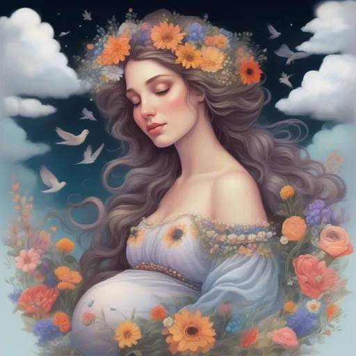Prompt: A colourful and beautiful Persephone, flowers and gems in her hair and her hair is made of clouds. She is pregnant and lovingly cradling her belly. In a beautiful flowing dress made of wildflowers. Surrounded by birds and clouds. Framed by a nighttime sky of clouds. in a painted style