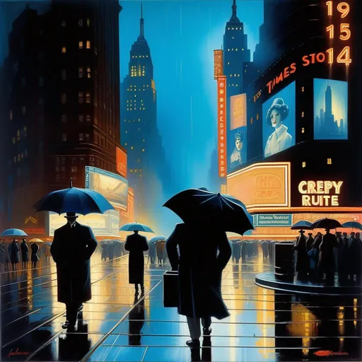 Prompt: 1930s, Times Square at night, creepy, rain, fog, cold blue atmosphere, cartoony style, extremely detailed painting by Greg Rutkowski and by Henry Justice Ford and by Steve Henderson 

