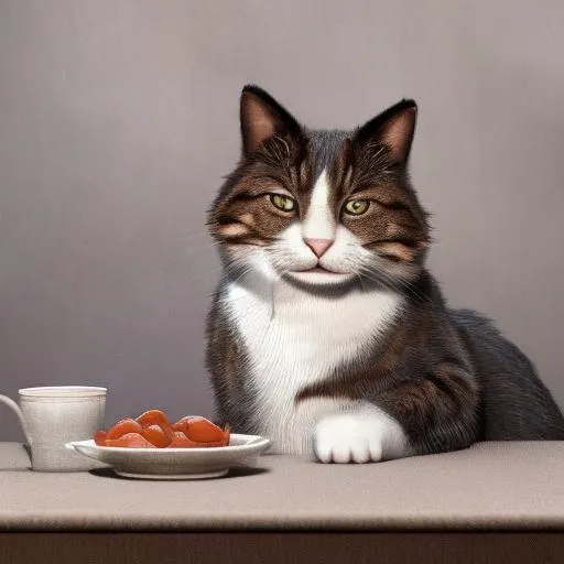 Prompt: A cat sits on a table looking at a woman who sits there with him. She shares her meager supper with him praying to God, thanking him for the meal. in the style of Thomas Kincaid
