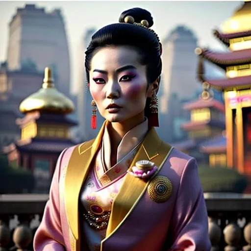 Prompt: A captivating image emerges - an Asian woman donning a unique fusion of Eastern and Western attire. Her ascot adds a touch of formality, while her overcoat robe makes her outfit look like a business suit. She radiates strength, resembling a modern-day terra cotta warrior. The scene is set amidst the backdrop of domed buildings, evoking a realistic and picturesque landscape. The photograph captures the essence of this intriguing blend, inviting viewers to delve deeper into the fusion of cultures.