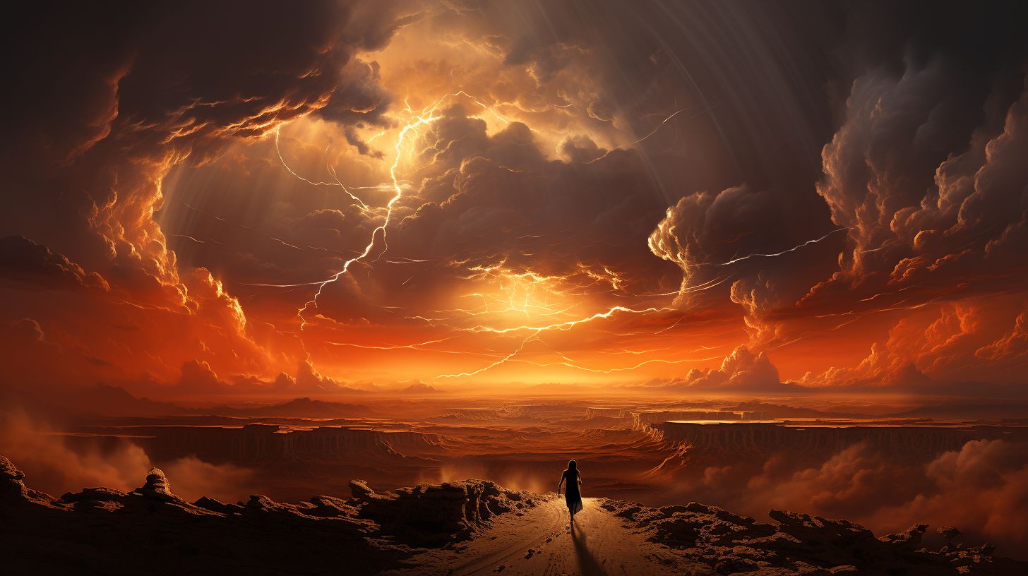 Prompt: The image captures a vast desert expanse under a dramatic fiery sky with bolts of lightning. Smooth, flowing dunes create mesmerizing patterns, stretching to the horizon. A solitary figure, draped in flowing robes, strides purposefully across the sand, leaving a trail of footprints behind. The entire scene is bathed in a warm, golden light, creating an atmosphere of mystique and grandeur.