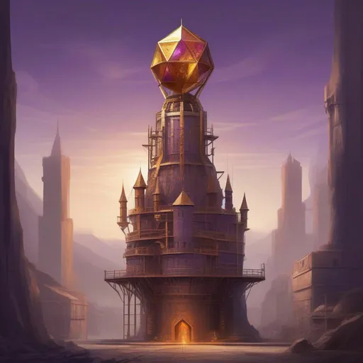 Prompt: Fantasy art of a tall huge wide big enormous imposing factory tower with walls made of copper, iron, gold, and bronze on a concrete foundation and an amethyst icosahedron crystal on the top of the tower.
