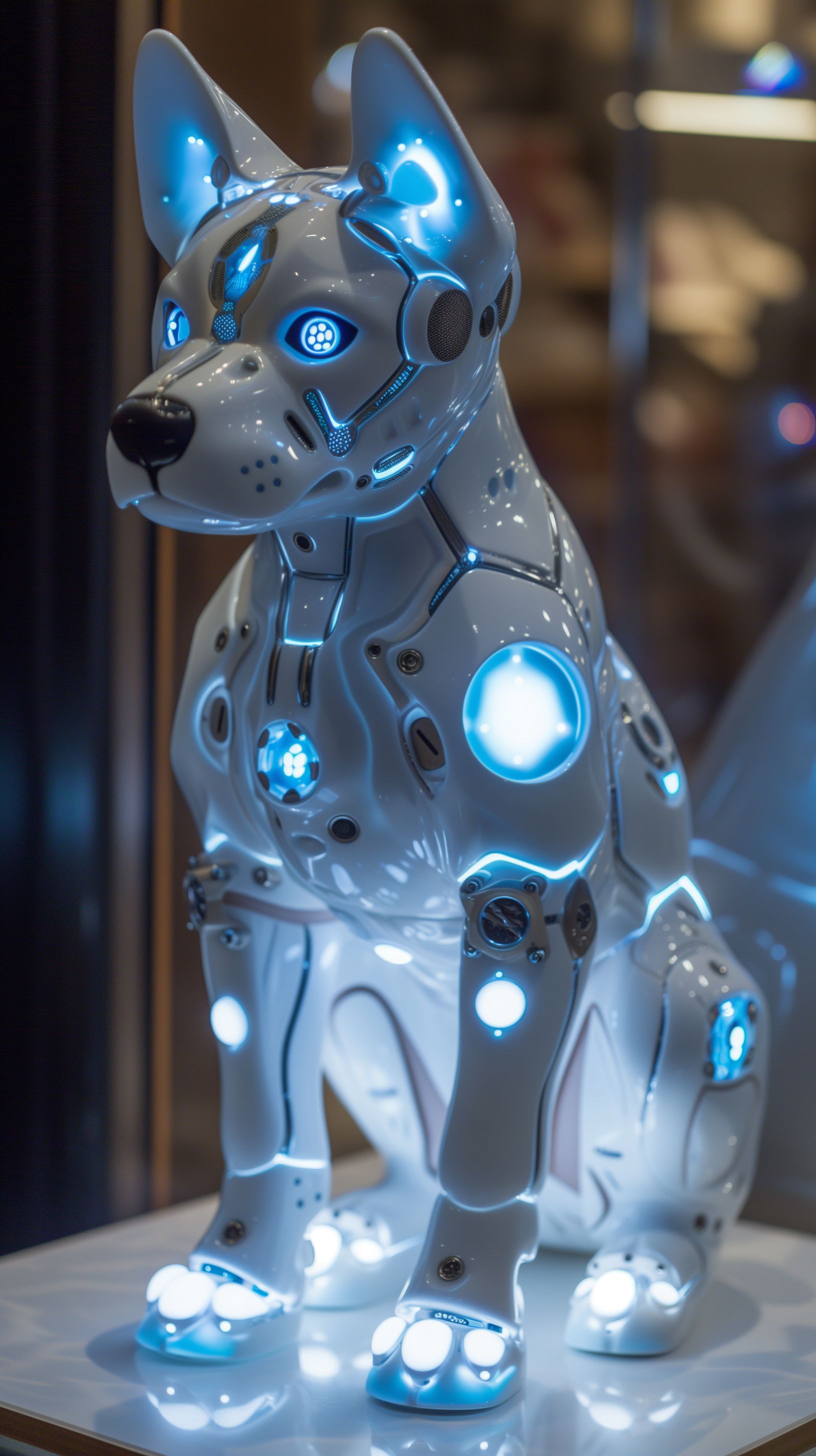 Prompt: android dog made by apple clean whites with glowing blue outlines, blue glowing gears, sleak, glowing blue LED eyes, clean soild white plating, markings from glowing blue led, friendly looking, sitting, bright white show-room, see through white plastic, 90s astetic, late 90's apple products --ar 9:16 --v 6.0