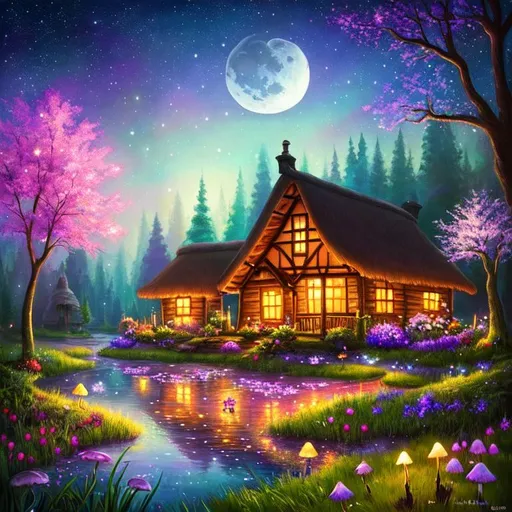 Prompt: Disney style, moon, forest, flowers, nighttime, lake, mushrooms, galaxy, soft light, art, painting, thatch cottage, sweet, fireflies, pastel, witch house, alchemy, Adventure, RPG