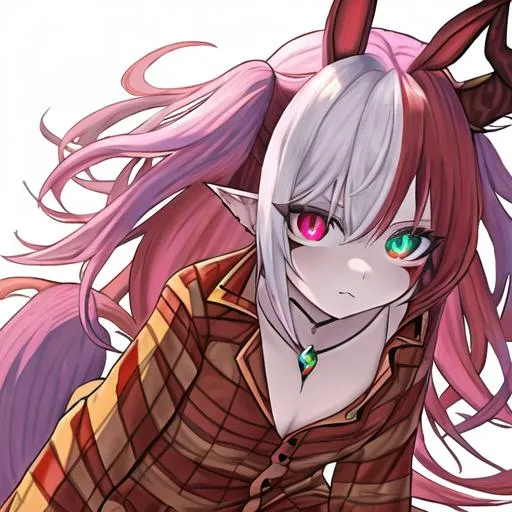 Prompt: Haley  (multi-color hair) (multi color eyes) (she has demon horns) (she has horse ears) (demon horns sit on the side of her horse ears) (red markings all over her body) wearing pajamas 