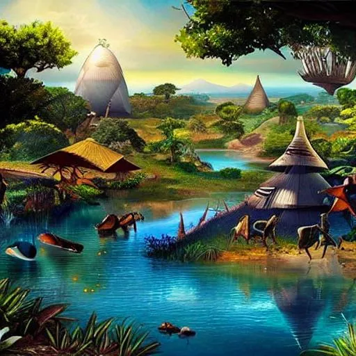 Prompt: futuristic African village, hyper realistic lake, hyper realistic river, amazing realistic water, wildlife, colorful