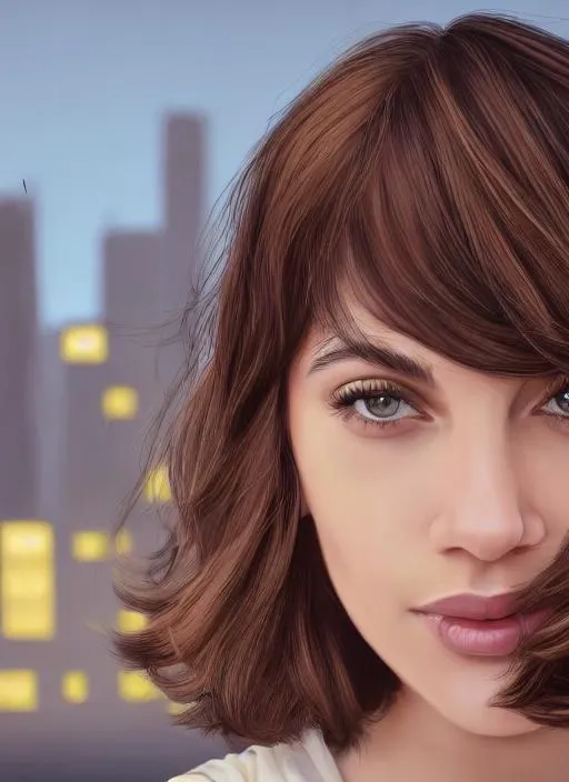 Prompt: Portrait of 21 year old woman with short dark brown hair with front bangs and a olive skin tone and with cute face, and a 26 year old with shoulder length ginger hair and a cute face with a fallout neon city, perfect composition, hyperrealistic, super detailed, 8k, high quality, trending art, trending on artstation, sharp focus, studio photo, intricate details, highly detailed, by greg rutkowski