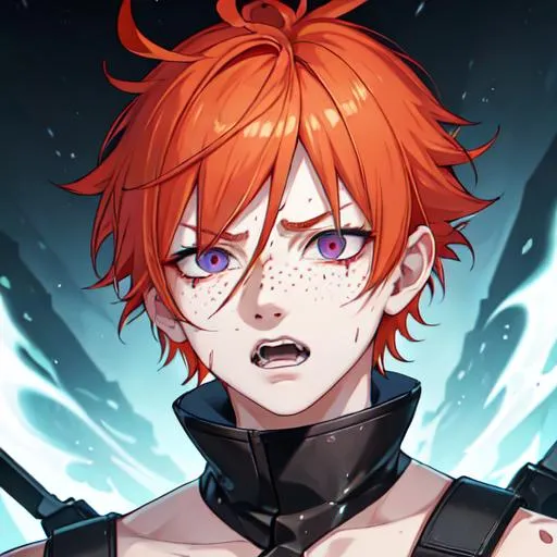 Prompt: Erikku male adult (short ginger hair, freckles, right eye blue left eye purple) UHD, 8K, Highly detailed, insane detail, best quality, high quality, covered in blood, covering his face with his hand, wide eyes, insane, fear, threatening, laughing, angry, fighting, psychopathic, anime style, fighting with a shotgun