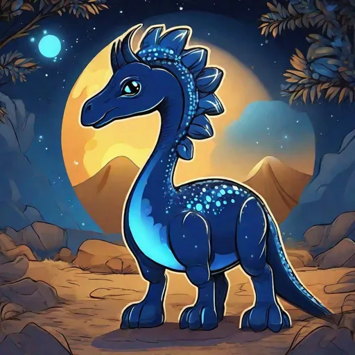 Prompt: Parasaurolophus, softly glowing, orbs of blue flame circling, ebony dark night, Produce Flame, masterpiece, best quality, in chibi art style