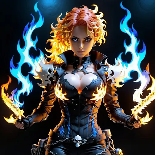 Prompt: High-quality anime illustration of a powerful female ghost rider, gothic Nordic Victorian style, perfect autonomy body shape, muscular slim tone with defined abs, detailed facial features, intense and piercing blue eyes, arms, legs, hands, fingers, toes, feet, detailed blue flames engulfing the entire body, full body view, gothic, Nordic, Victorian, powerful, muscular, slim, defined abs, intense eyes, detailed, blue flames, anime, high quality