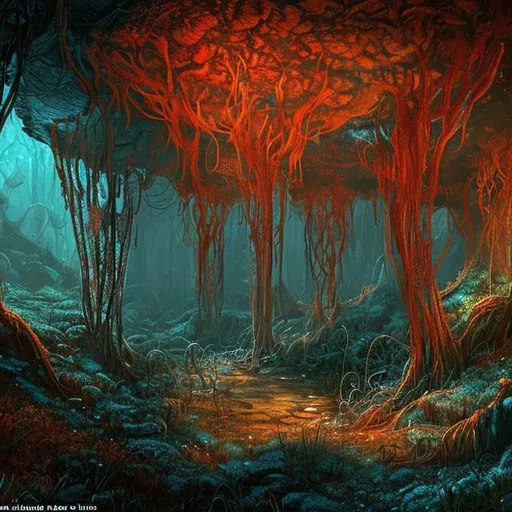 Prompt: fantasy-style art underground abandoned  mine with fungal vines spreading from deeper into the cave