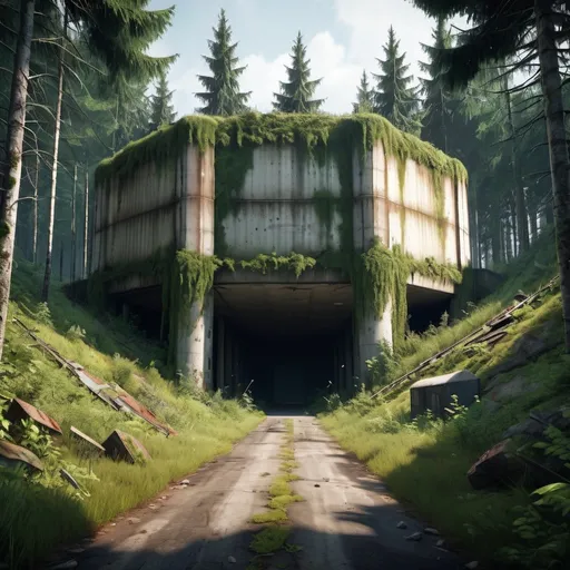 Prompt: Post-apocalyptic, abandoned modern bunker in forest, overgrown road, The Last of Us style, highres, detailed, video game style, desolate, mossy, apocalyptic, post-apocalyptic, detailed environment, atmospheric lighting, gritty, abandoned, professional rendering, seen from distance and above