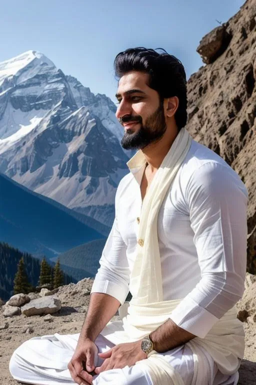 Prompt: full body portrait of a kashmiri guy,  "hyperreal detailed face","closed eyes", "sunlit kailash parvat",,white dhoti, "lost in god", meditating, calm smile, snow, handsome rugged cute pretty, lean muscle, hyperreal, side angle, white, detailed, hyperreal, sitting, arena, perfect composition, hyperrealistic, super detailed, 8k, high quality, trending art, trending on artstation, sharp focus, studio photo, intricate details, highly detailed, by greg rutkowski

