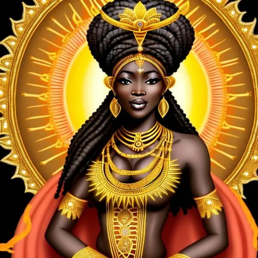 Prompt: Beautiful black goddess wearing traditional African royalty clothes, she is a sun goddess and very regal. Laden with gold and jewels. She eminates a golden aura