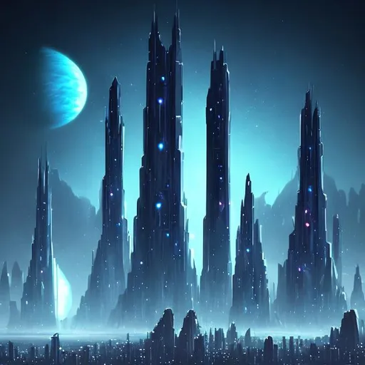 Prompt: Futuristic Tall black towers on deep dark ocean dark sky spaceships night lights hover ships dark tall city lots and lots of small floating ships hovering above clouds big planet with rings closeby spaceships hovering super tall mega skyscraper