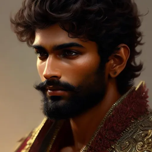 Prompt: #young indian man, rugged face, #dark tan, beard, long hair, super detailed, 8k, high quality, #red and black armor, trending art, trending on artstation, sharp focus, studio photo, intricate details, highly detailed, by greg rutkowski