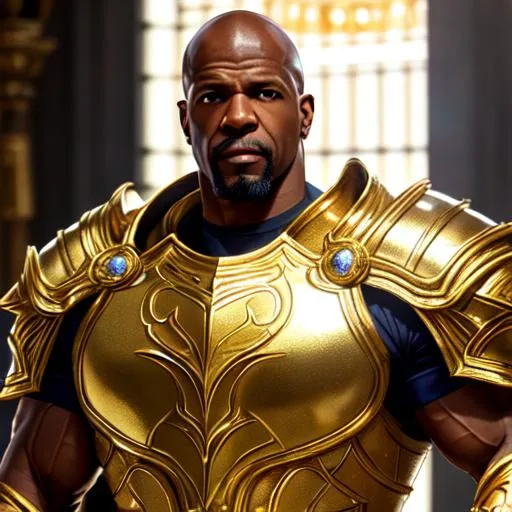 Prompt: Terry Crews, paladin, wearing a golden armor, fantasy, UHD, 8k, high quality, ultra quality, perfect composition, trending art, trending on artstation, sharp focus, studio photo, intricate details, cinematic lighting, special effects, hyper realism, hyper realistic, Very detailed, high detailed face, high detailed eyes, oil painting, full body
