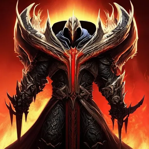 Prompt: i need a new profile picture for my discord profile. i want to use tyrael from diablo with a dark theme of red and black colors as it the background was hell