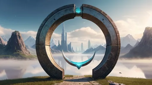 Prompt: circular portal, gateway between cities realms worlds, ring standing on edge, freestanding ring, complete ring, panoramic view