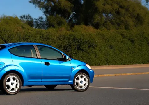 Prompt: Ford Fiesta 2004 ocean blue color on the road from an angle front side close look