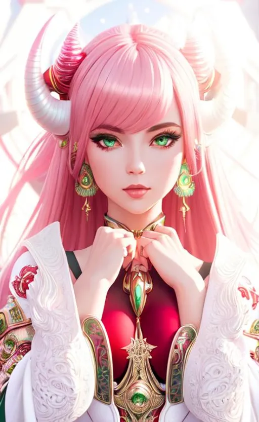 Prompt: hyperdetailed intricate elaborate beautiful girl, with smooth pink hair, two very small red horns,

hyperdetailed red an white clothes,

hyperdetailed white buildings, futuristic city, green plants, cosmic mist,

cinematic lighting, colorful glamorous sunshine, windy, sunny,

album cover art, 128K resolution,